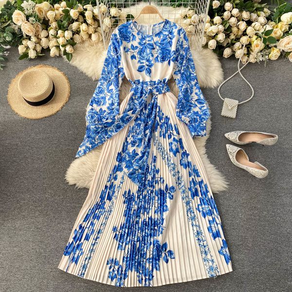 

2021 new singiny female retro print puff neck lace up line to autumn fashion streetwear long dress 84l2, Black;gray