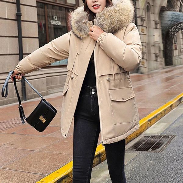 

2020 fur collar winter jacket women warm thick cotton liner hooded parkas coat women adjustable waist oversize long jacket parka1, Black