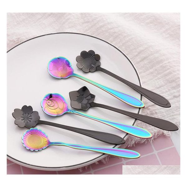 

black rainbow spoons flower dessert coffee spoons stainless steel sugar spoons cutlery 8 des qylnuk pets2010