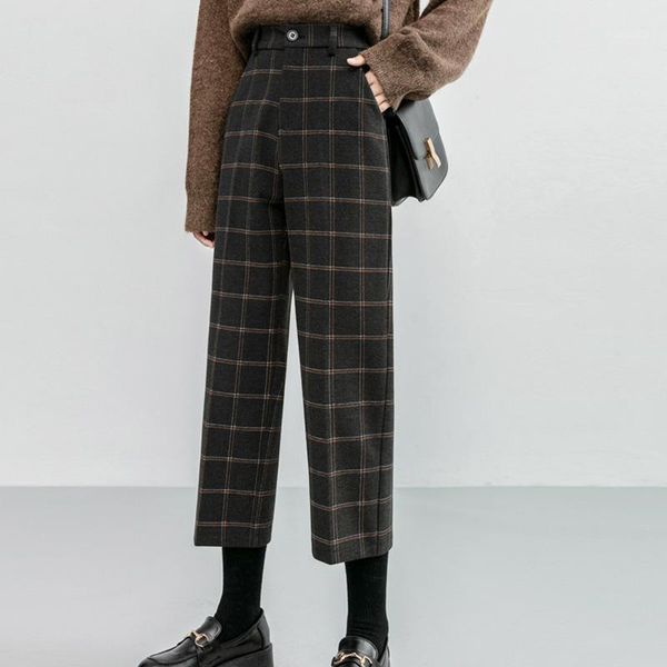 

women's pants & capris 2021 high waist spring autumn elegant aesthetic trousers women grey plaid office ladies loose casual ankle-lengt, Black;white