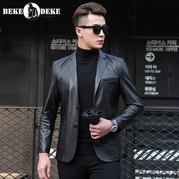 

brand sheepskin men genuine leather blazer spring autumn single breasted party business suit jacket wine red casual outerwear, Black