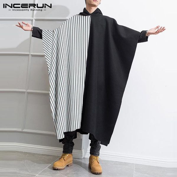

inmen cloak striped patchwork trench hooded loose streetwear long coats 2020 fashion poncho windproof mens cape jackets incerun, Tan;black