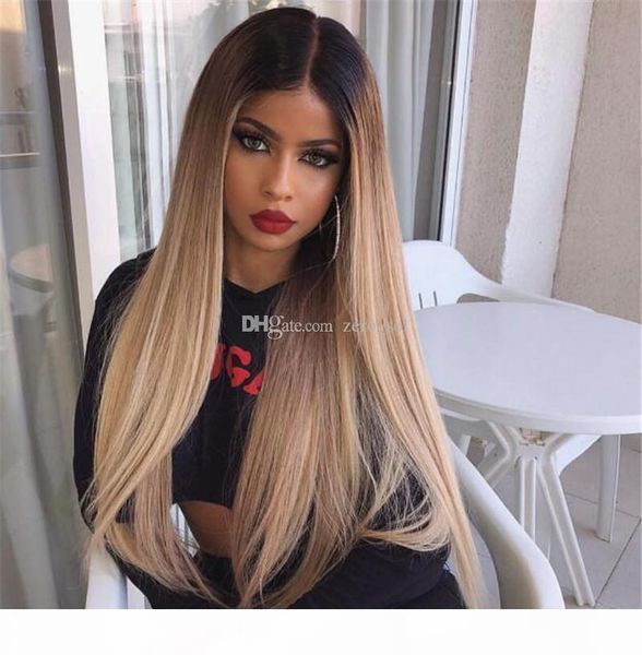 

silky straight ombre lace front human hair wig glueless two tone blonde peruvian remy hair wig for black women with babyhair, Black;brown