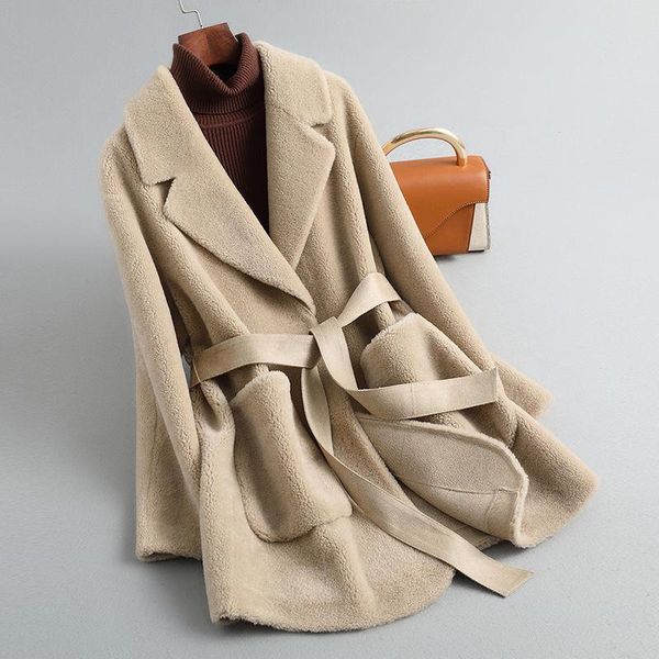 

women's wool & blends 100% coat autumn winter 2021 sheep shearling fur overcoat ladies mid-length long-sleeve real female e366, Black
