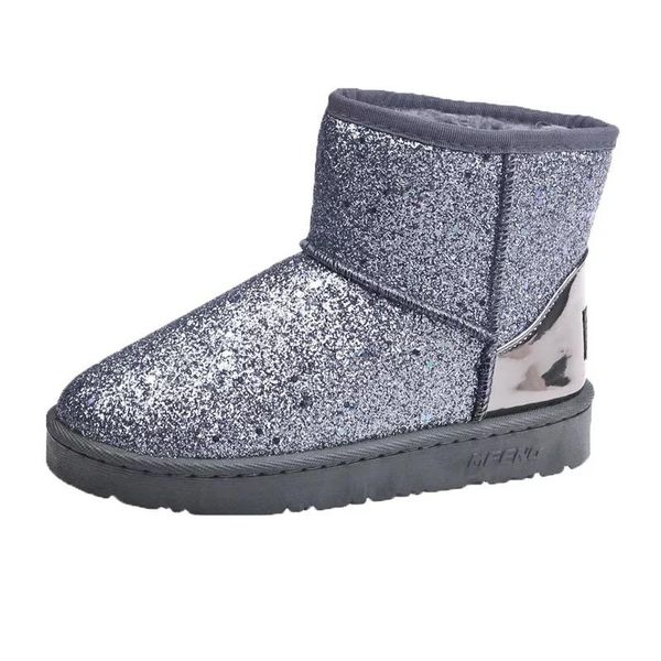 

silvery sequin platform fur suede winter warm snow boots women flat-soled round toe cotton shoes non-slip ankle shoes plus size, Black