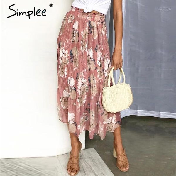 

simplee bohemian ruffled high waist chiffon women long skirt floral print skirt pleated summer female lining midi1, Black