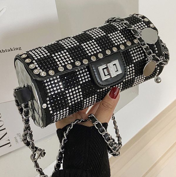 

chain texture cylinder 2022 new full diamond foreign style single shoulder women's french minority rivet ins messenger bag