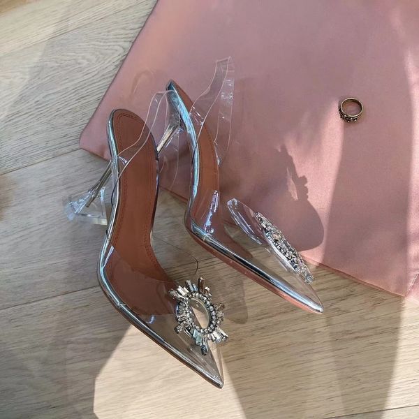 

transparent pointed rhinestone sandals women's slim heels 2020 summer new versatile rockstud crystal high-heeled shoes fairy style, Black