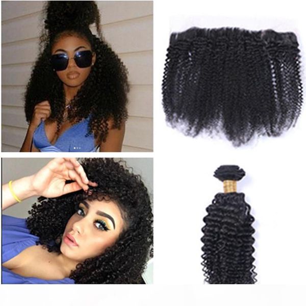 

peruvian virgin human hair extension kinky curly weaves 3 bundles with lace frontal natural black afro kinky curly hair bundles with frontal, Black;brown