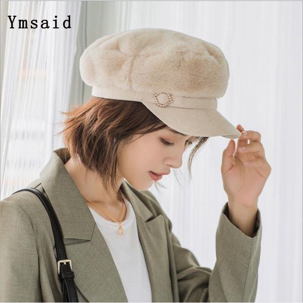 

ymsaid 2020 новая мода крышка cap womenthicken искусственного меха плоский elegant твердая осень зима теплая берета женский, Blue;gray