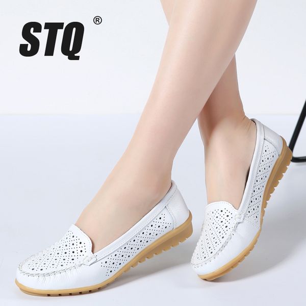 

stq 2020 spring women flats shoes women genuine leather shoes woman cutout loafers slip on ballet flats ballerines flats 169 c1103, Black;white