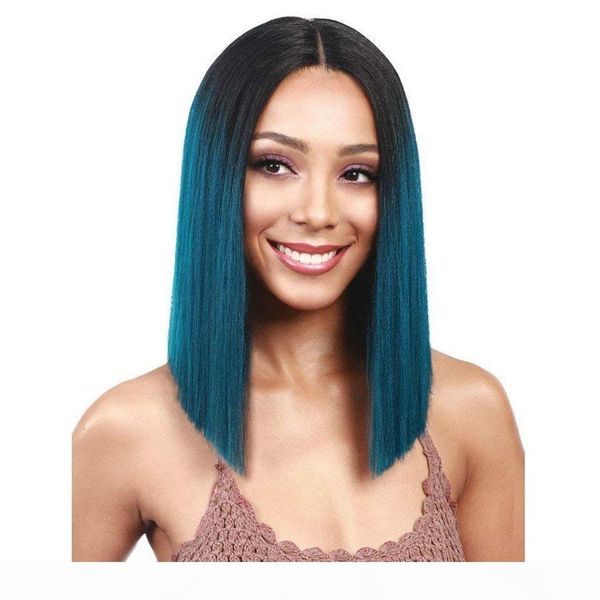 

ombre green human hair wigs straight full lace wig virgin peruvian human hair lace front wig two tone black green, Black;brown