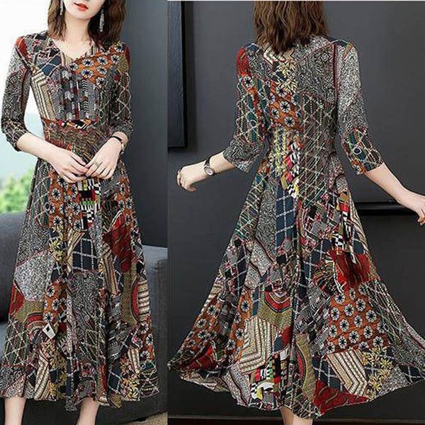 

korean chiffon women dress elegant ladies vintage long dress boho floral office long sleeve vestidos clothing, Black;gray