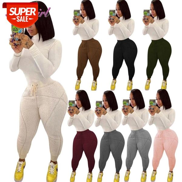 

autumn winter activewear sweatpants women casual solid teddy fleece drawstring high waist sport pants outfit home thick trousers #fk1c, Black;white