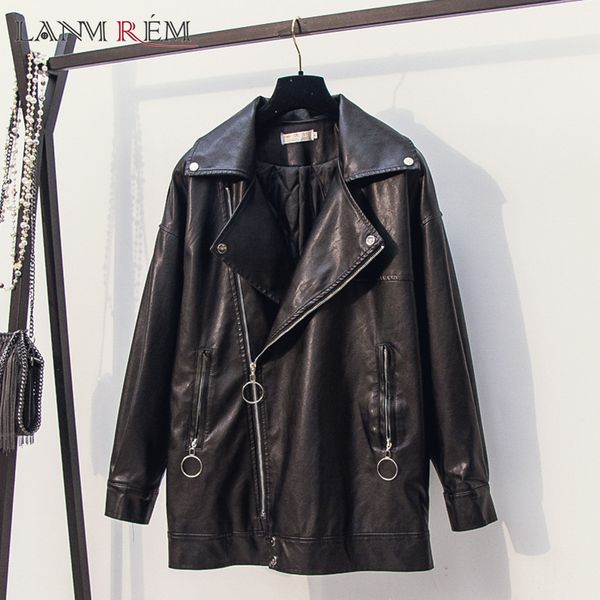

lanmrem 2020 new autumn winter solid color lapel zipper pu leather jackets women korea mid-length loose coat female tide yj639x1016, Black;brown