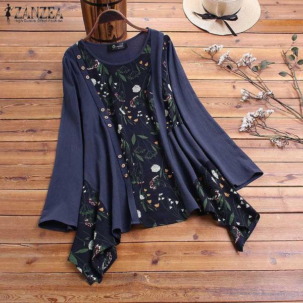

2020 spring long sleeve blouse zanzea casual asymmetrical shirt vestidos women floral print patchwork cotton tunic blusas1, White
