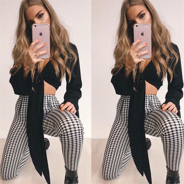 

2020 new brand fashion us new women's pants high waist elastic zipper striped plaid casual trousers, Black;white