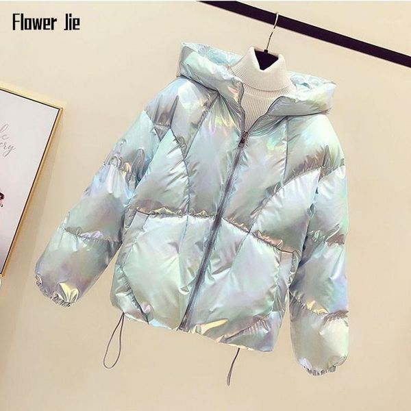 

2021 winter coat women glossy cotton padded hooded jacket for women thick bright pink blue short shiny jacket cotton parka1, Black;brown