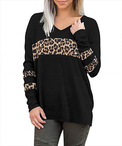 

leopard patchwork women long sleeve t shirt 2020 v neck tee autumn loose tee shirts female fashion lady streetwear, White