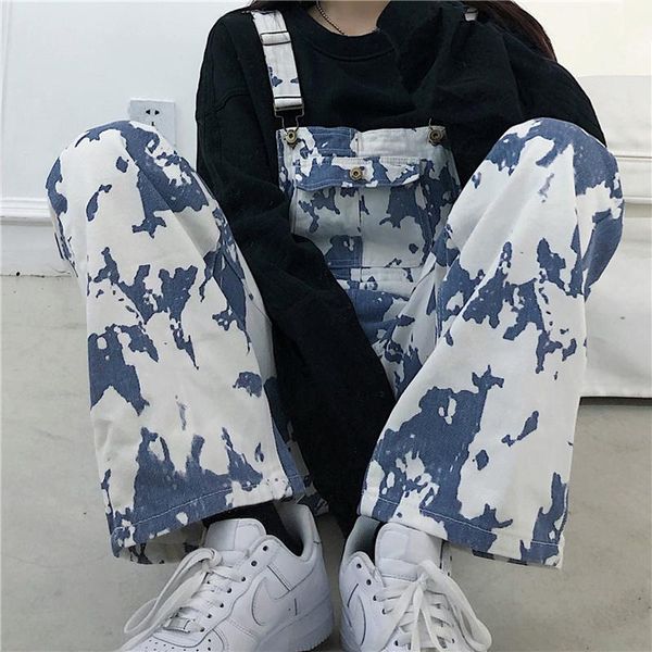 

women's jeans vintage washed women streetwear loose overalls fashion big pocket denim jumpsuit cotton casual rompers, Blue