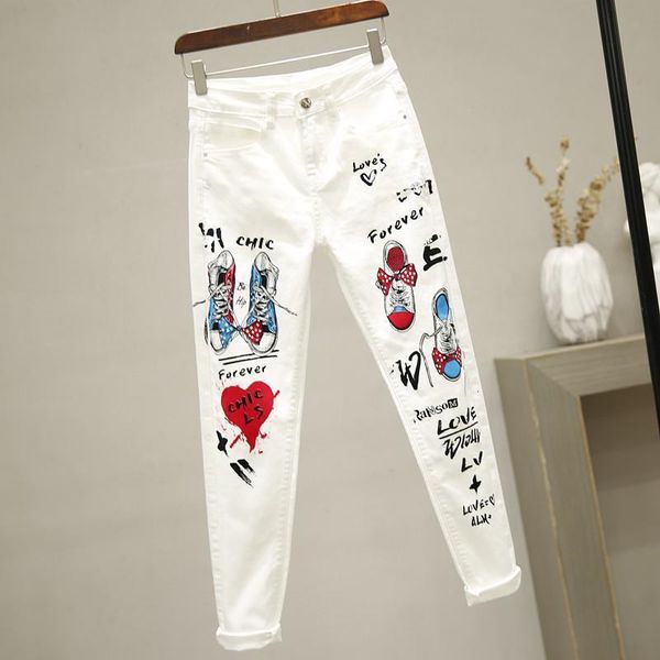 

2021 new white pencil women's pants spring tight fashion print thin high from ladies jeans denim u44m, Blue