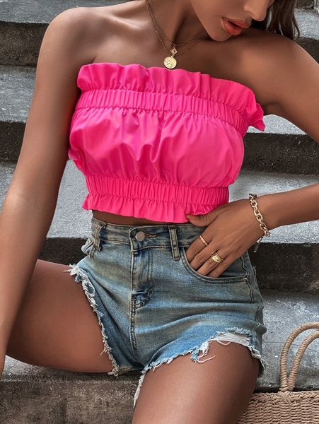 

ruffle trim ruched bust crop g1wu#, White