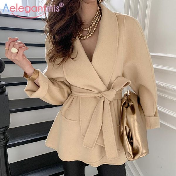 

aelegantmis casual soft warm sashes women lapel woolen coat jacket elegant korean female lace up wool jakcet comfort outwear new, Black