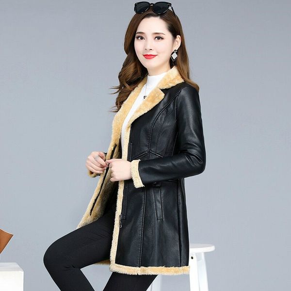 

2020o winter leather jacket women thick warm long leather coat laides plus size 5xl snow wear clothing female, Black