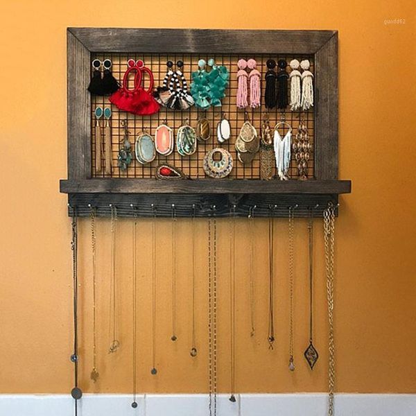 

nd# rustic brown jewelry organizer wooden wall mounted holder for earrings necklace accessories display storage holder1