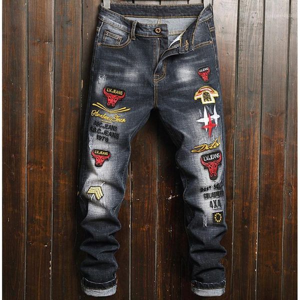 

men's jeans men's denim long pants skull embroidery printed trendy patches design slim straight hole black ripped distressed1, Blue