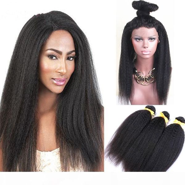 

natural color kinky straight pre plucked 360 lace band frontal closure with brazilian virgin human hair extensions 4pcs lot, Black;brown