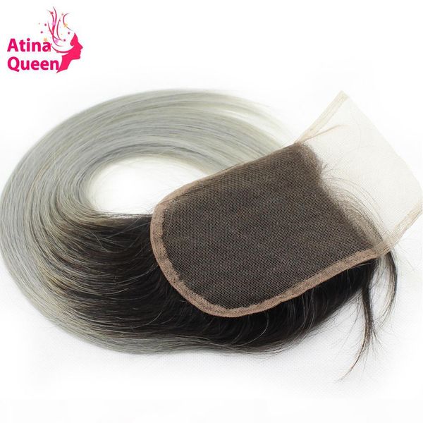 

atina queen 1b grey straight 4*4 lace closure with baby hair dark roots gray color non remy brazilian ombre human hair closures, Black