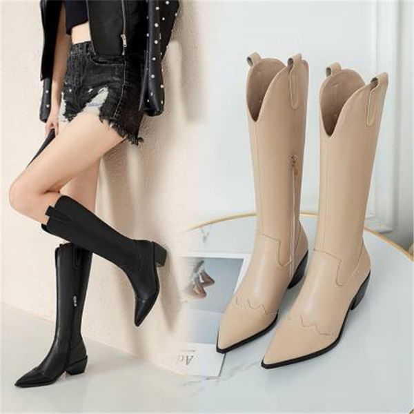 

boots winter 2021 women's shoes solid color pointed toe side zipper refined square heel knee high, Black