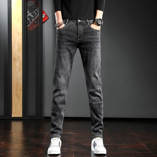 

2021 korean style men jeans fashion black gray slim fit pencil pants, Blue