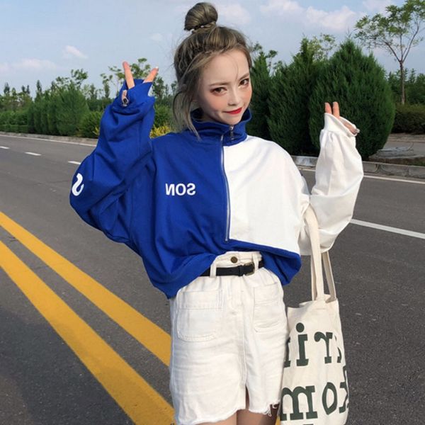 

jieyou new spring sweater zipper autumn women's personalized stand collar zipper matching color bf thick elastic sweater with front and, Black