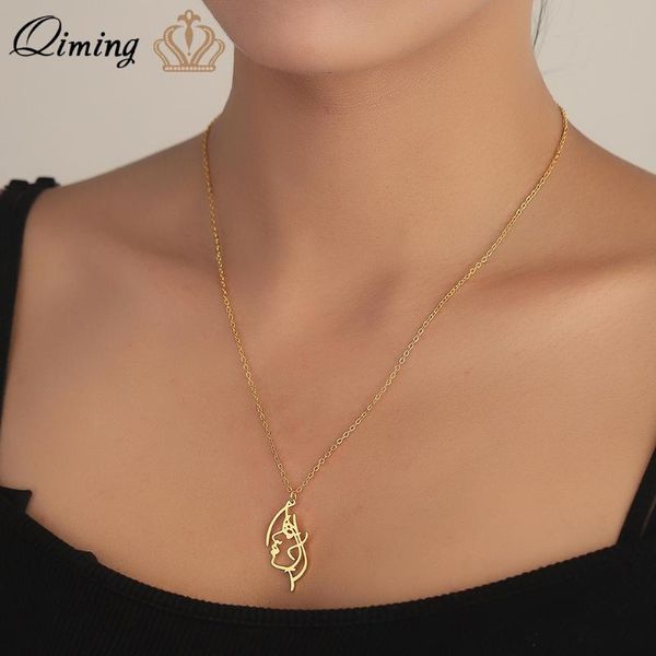 

abstract artist figure pendant necklace distorted hollow facial contour human face simple women choker necklace collier, Silver