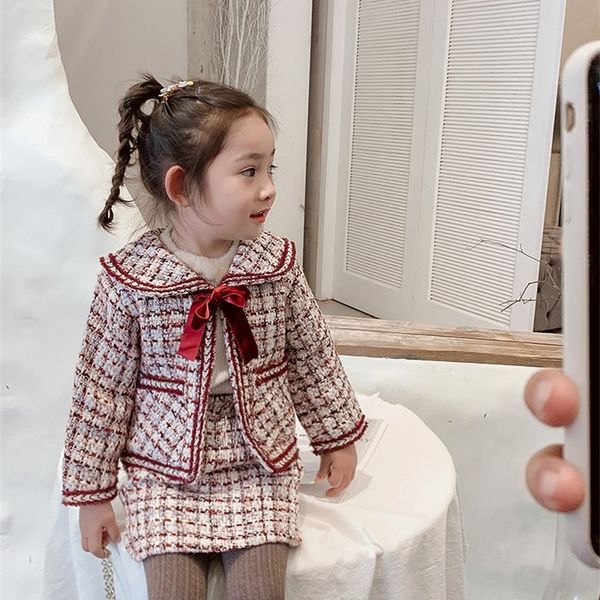 

2pcs fashion girl classic clothing sets autumn winter plaid uniform kid causal outfit princess party preppy style for 3-8 ys 201203, Red;yellow