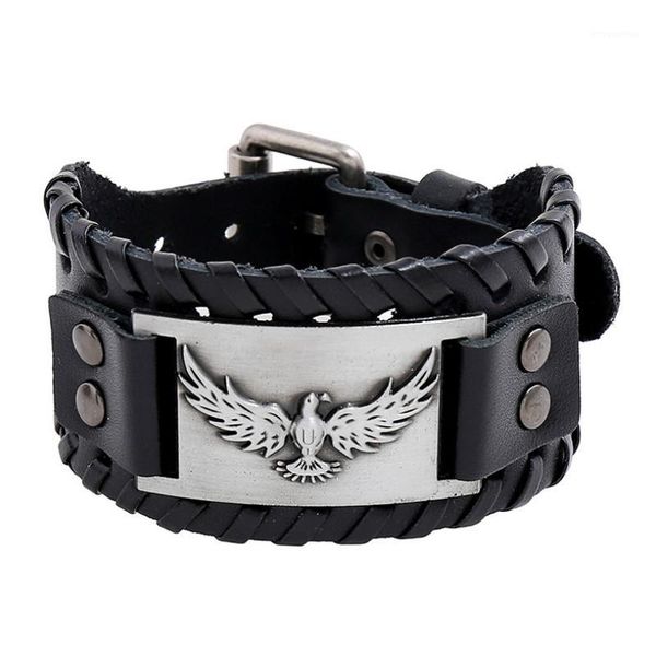 

punk vintage genuine leather wide bracelet retro army men wristbands eagle viking charms bangle biker rock women fashion jewelry1, Golden;silver