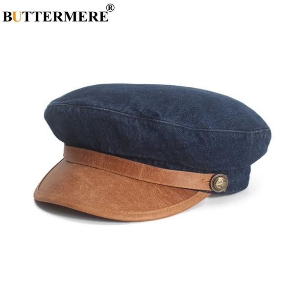 Buttermere Denim Couro Patchwork Newsboy Cap Mulheres Liso Tampão Retro Azul Casual Boina Primavera Marca Senhoras Baker Boy Boy Hat 201013