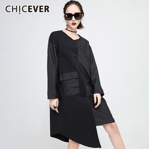 

chicever patchwork striped hit color dress women o neck long sleeve pocket oversize loose dresses female 2020 spring new clothes1, Black;gray