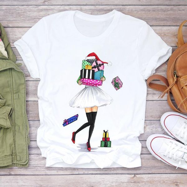 

women christmas gift happy time fashion cartoon 90s holiday print lady tshirt ladies graphic t-shirts female tee t-shirt, White