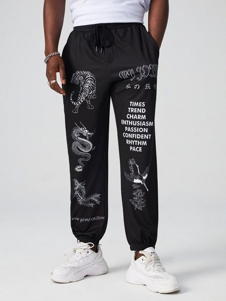 

men animal & slogan graphic drawstring waist sweatpants c7p7#, Black