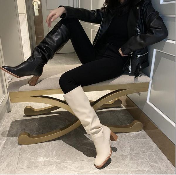 

size 34-43 2021 ins women knee high heel boots lady riding botas warm winter shoes women square toe casual footwear, Black