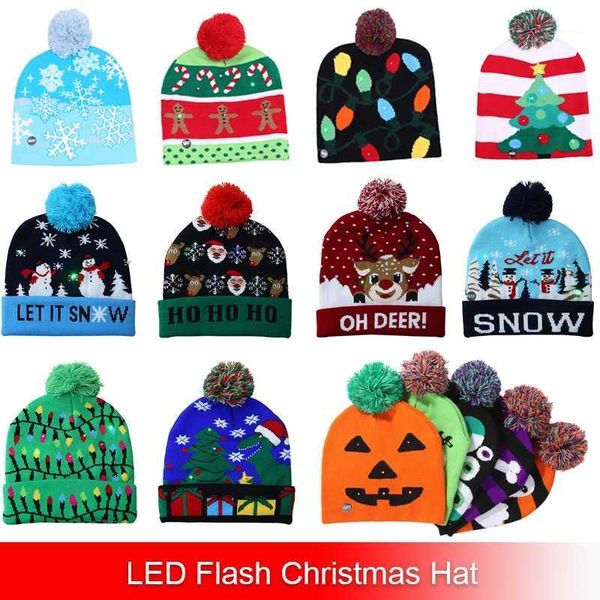 

2020 19 designs led christmas hat sweater knitted beanie christmas light up knitted hat for kid for party1