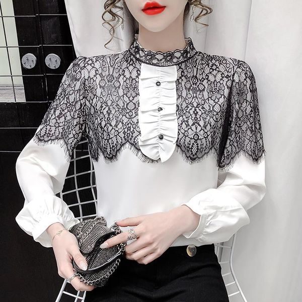 

spring lace stitching office shirt elegant female long sleeve lace korean 2021 women blouse, White