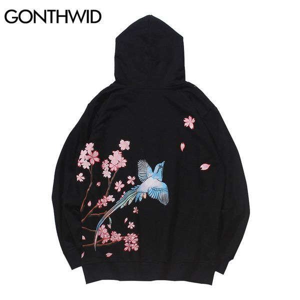 

japanese style cherry blossoms birds print floral sweatshirts streetwear mens harajuku hip hop casual hoodies male, Black