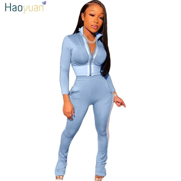 

haoyuan splice two piece set women tracksuit fall clothes crop and pants sweat suit lounge wear outfits 2 pcs matching sets y200824, Gray