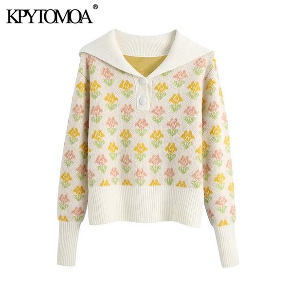 

kpytomoa women fashion with button floral print knitted sweater vintage lapel collar long sleeve female pullovers chic 201222, White;black
