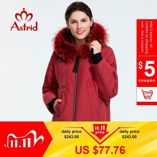 

astrid winter new arrival down jacket women and fur collar thick cotton loose clothing outerwear quality winter coat at-9227 201103, Black