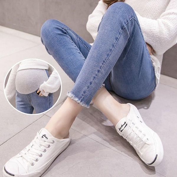 

maternity bottoms 2021 spring summer pregnant women outside wear jeans stretch slim pencil washed denim pant trousers y771, White